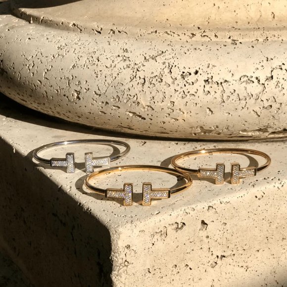 18K Gold Diamond T Bracelet T Bar Bracelet Silver Cuff T Bangle - Picture 2 of 3